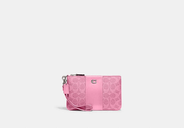 COACH®,SMALL WRISTLET IN SIGNATURE CANVAS,Signature Coated Canvas,Mini,Silver/Vivid Pink,Front View