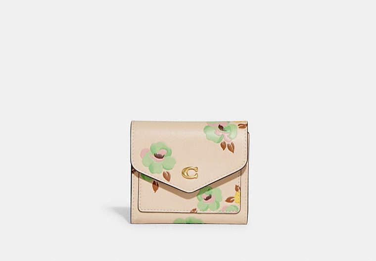 COACH®,WYN SMALL WALLET WITH FLORAL PRINT,Refined Calf Leather,Floral,Brass/Ivory Multi,Front View