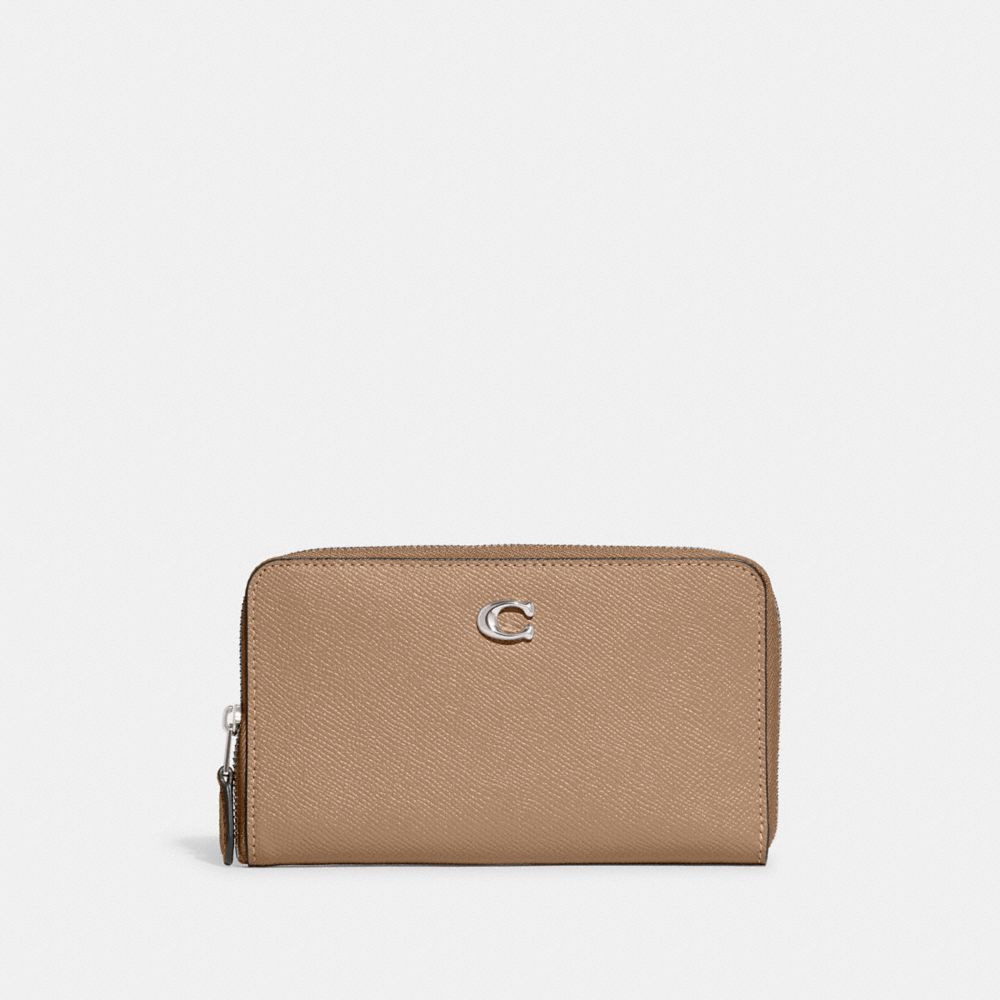 COACH®,Medium Zip Around Wallet,Leather,Continental,Bi Fold,Logo,Metal,Casual,Beige,Front View