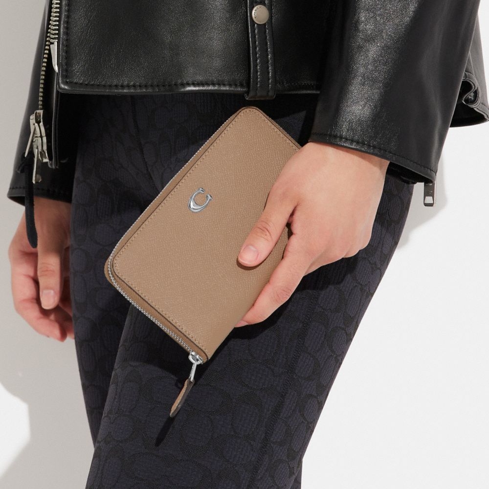 COACH®,Medium Zip Around Wallet,Leather,Continental,Bi Fold,Logo,Metal,Casual,Beige,Detail View