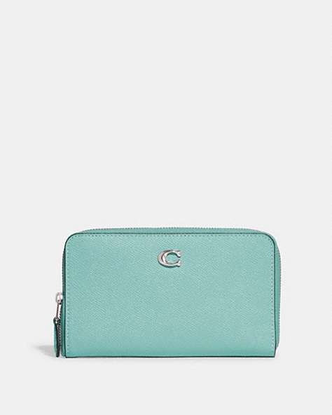 COACH®,MEDIUM ZIP AROUND WALLET,Crossgrain Leather,Mini,Silver/Faded Blue,Front View