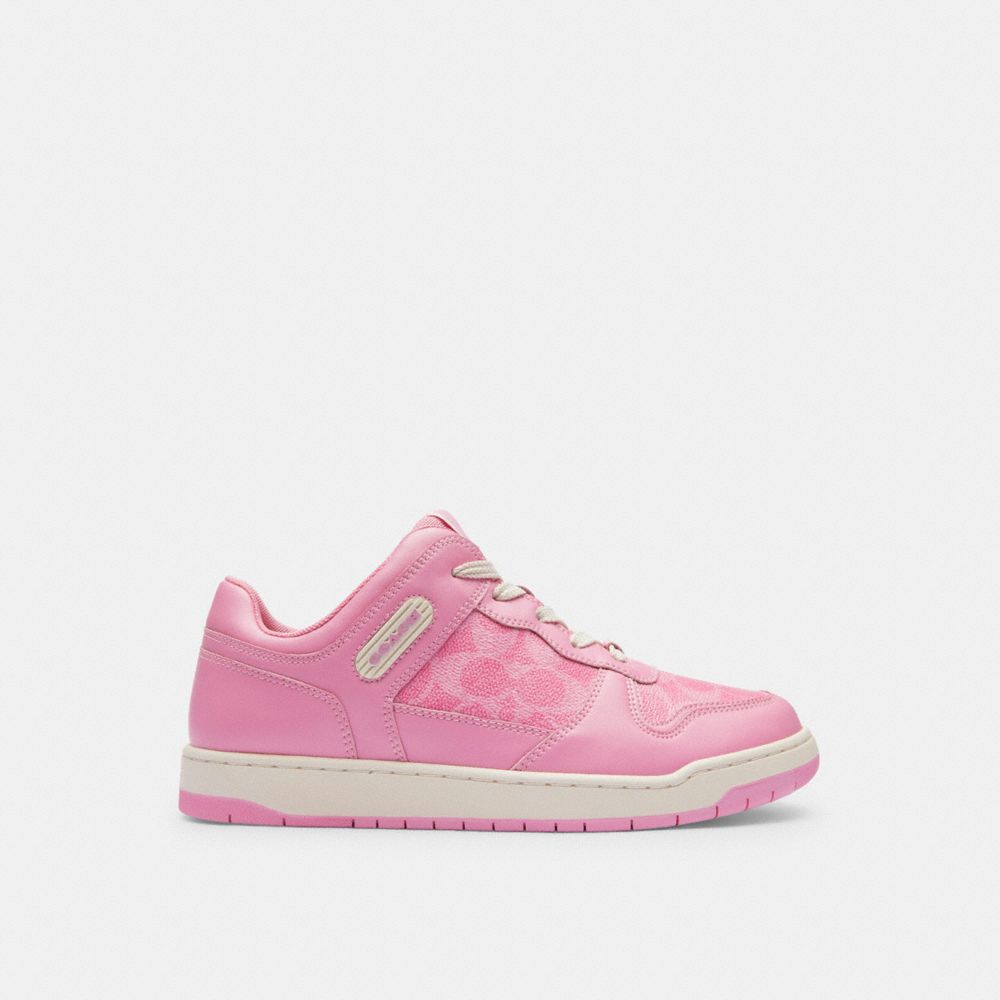COACH®,C201 LOW TOP SNEAKER IN SIGNATURE CANVAS,Vivid Pink,Angle View
