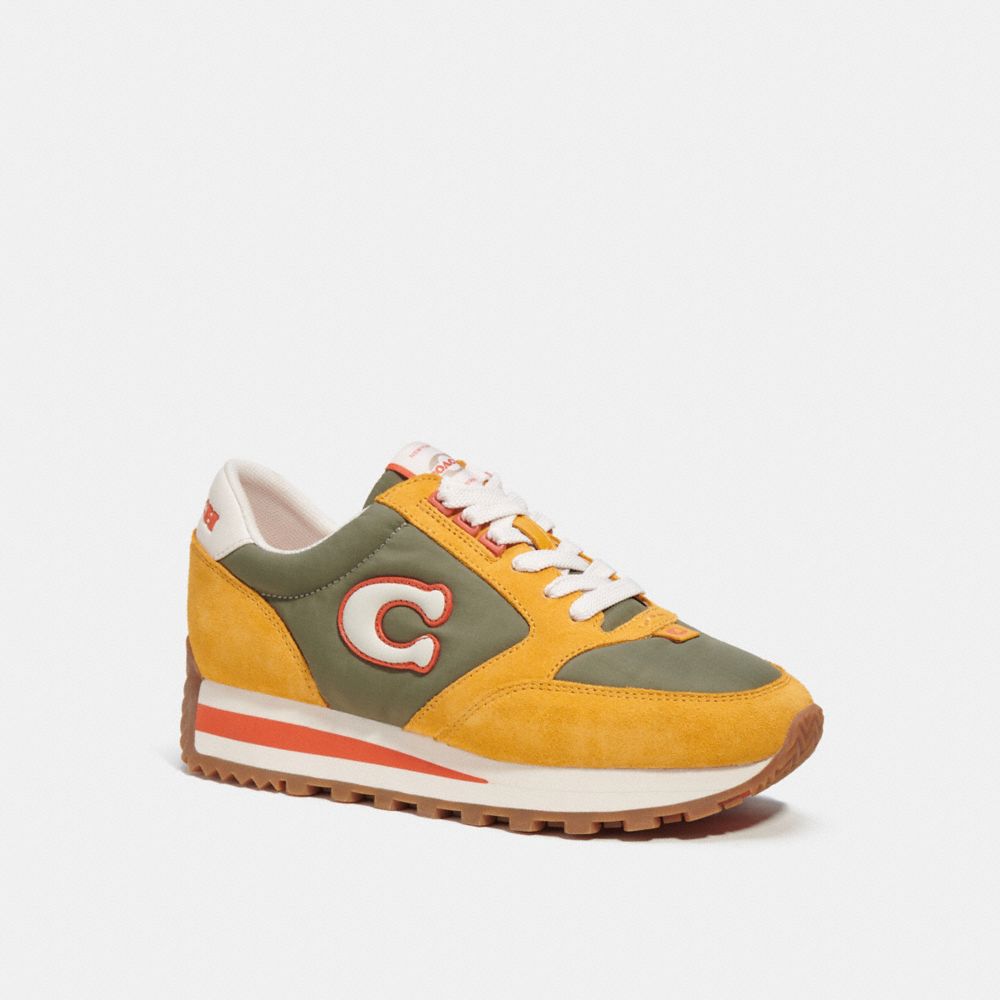 COACH®,RUNNER SNEAKER,Leather/Suede,Army Green/Buttercup,Front View