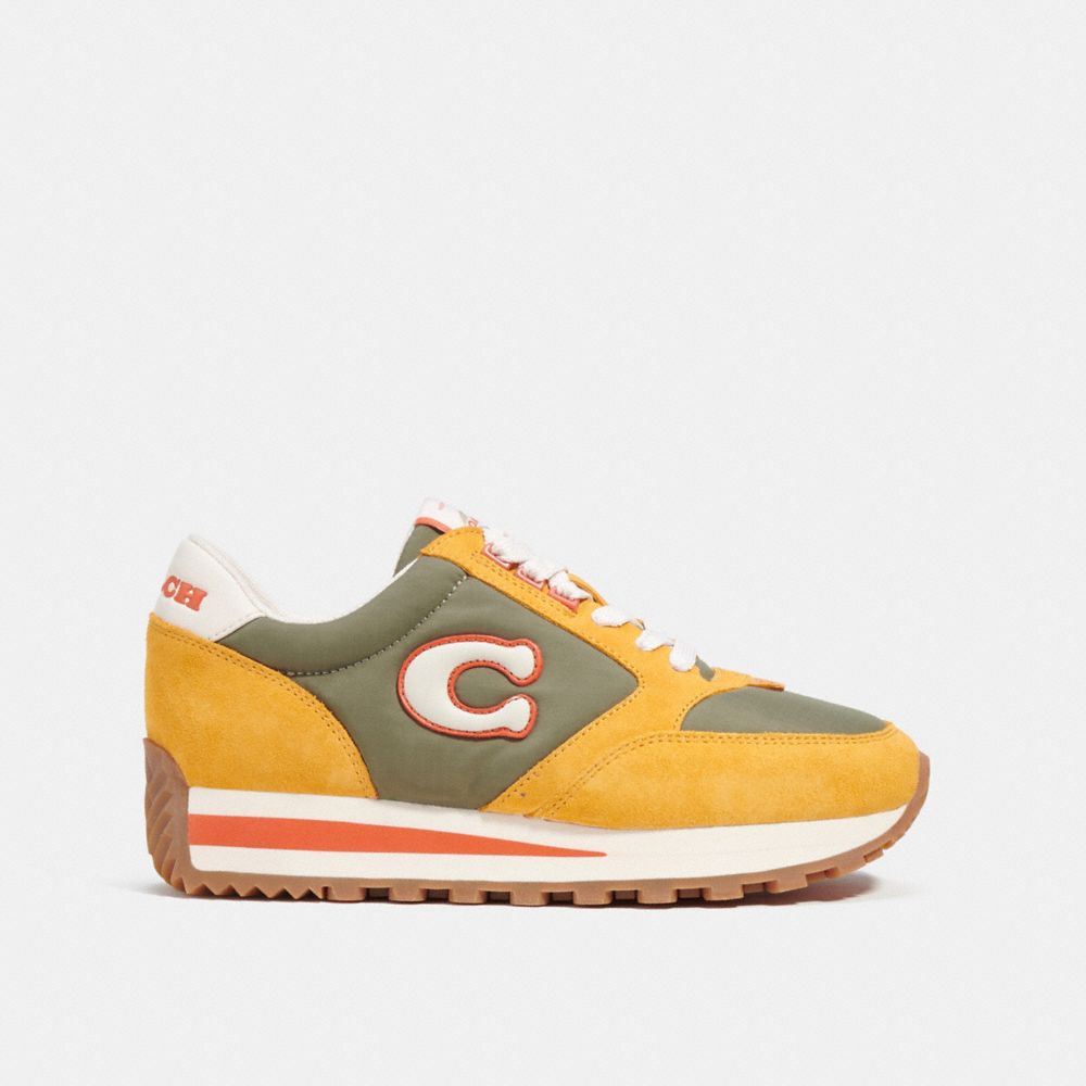 COACH®,RUNNER SNEAKER,Leather/Suede,Army Green/Buttercup,Angle View