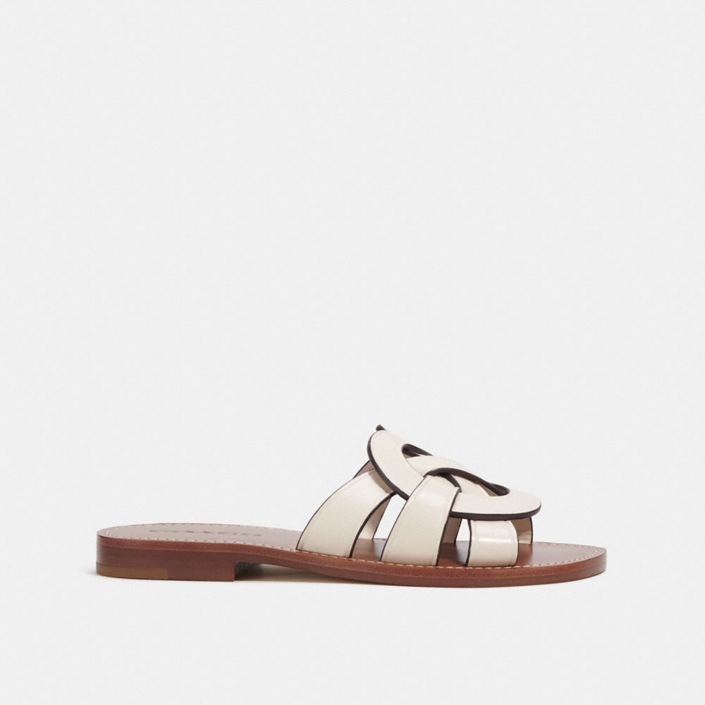 COACH®,Issa Sandal,Lining Leather,Leather,Rubber,Slides,Logo,Casual,Cream,Angle View