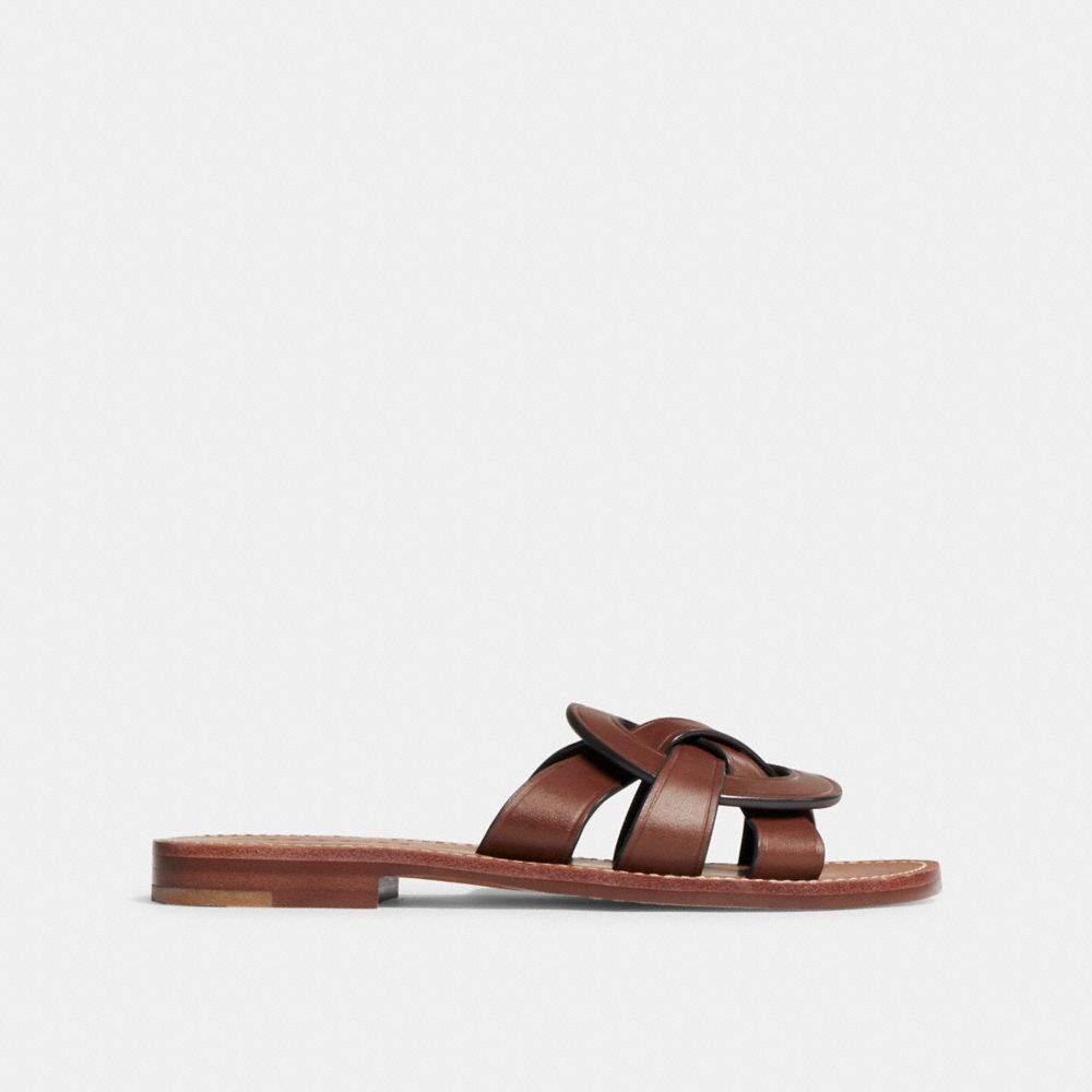 COACH®,Issa Sandal,Lining Leather,Rubber,Leather,Slides,Logo,Casual,Brown,Angle View