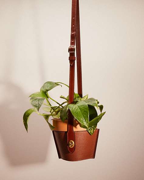 COACH®,REMADE HANGING PLANT POT HOLDER,Mini,Garden Party,Brown/Multi,Front View