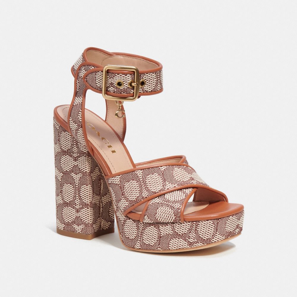 COACH®,NELLY SANDAL IN SIGNATURE JACQUARD,Cocoa/Burnished Amber,Front View image number 0