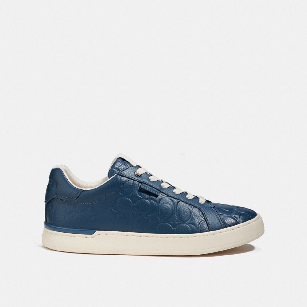 COACH®,LOWLINE LOW TOP SNEAKER IN SIGNATURE LEATHER,Leather,Dark Denim,Angle View