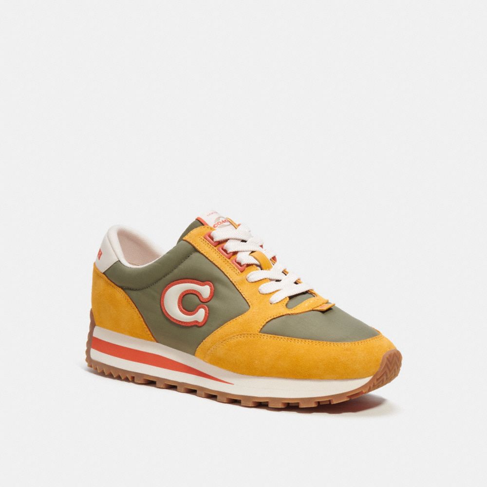 COACH®,RUNNER SNEAKER,Leather/Suede,Army Green/Buttercup,Front View