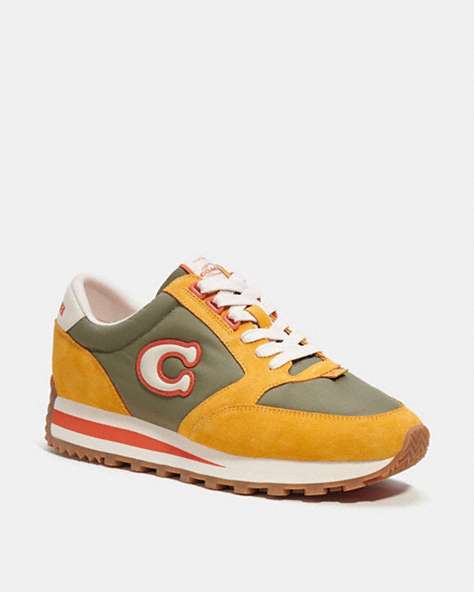 COACH®,RUNNER SNEAKER,Leather/Suede,Army Green/Buttercup,Front View