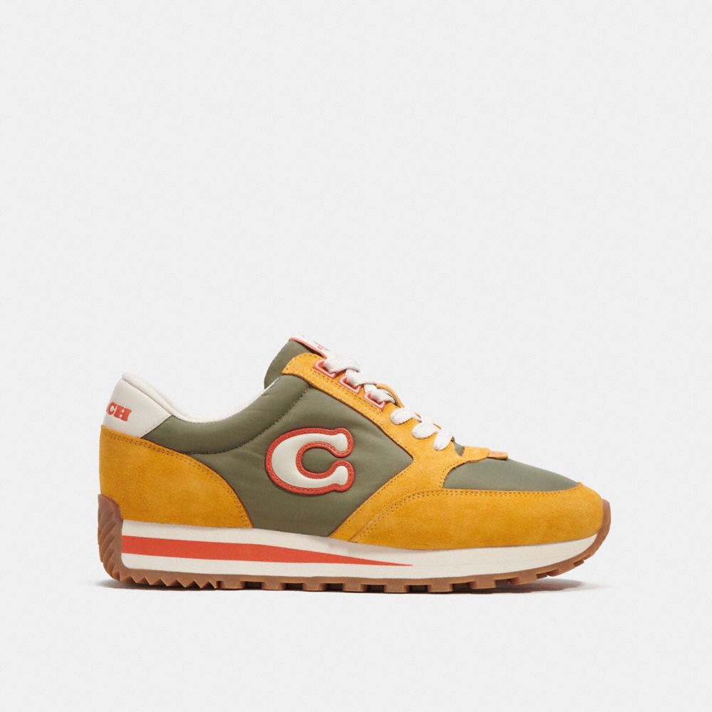 COACH®,RUNNER SNEAKER,Leather/Suede,Army Green/Buttercup,Angle View