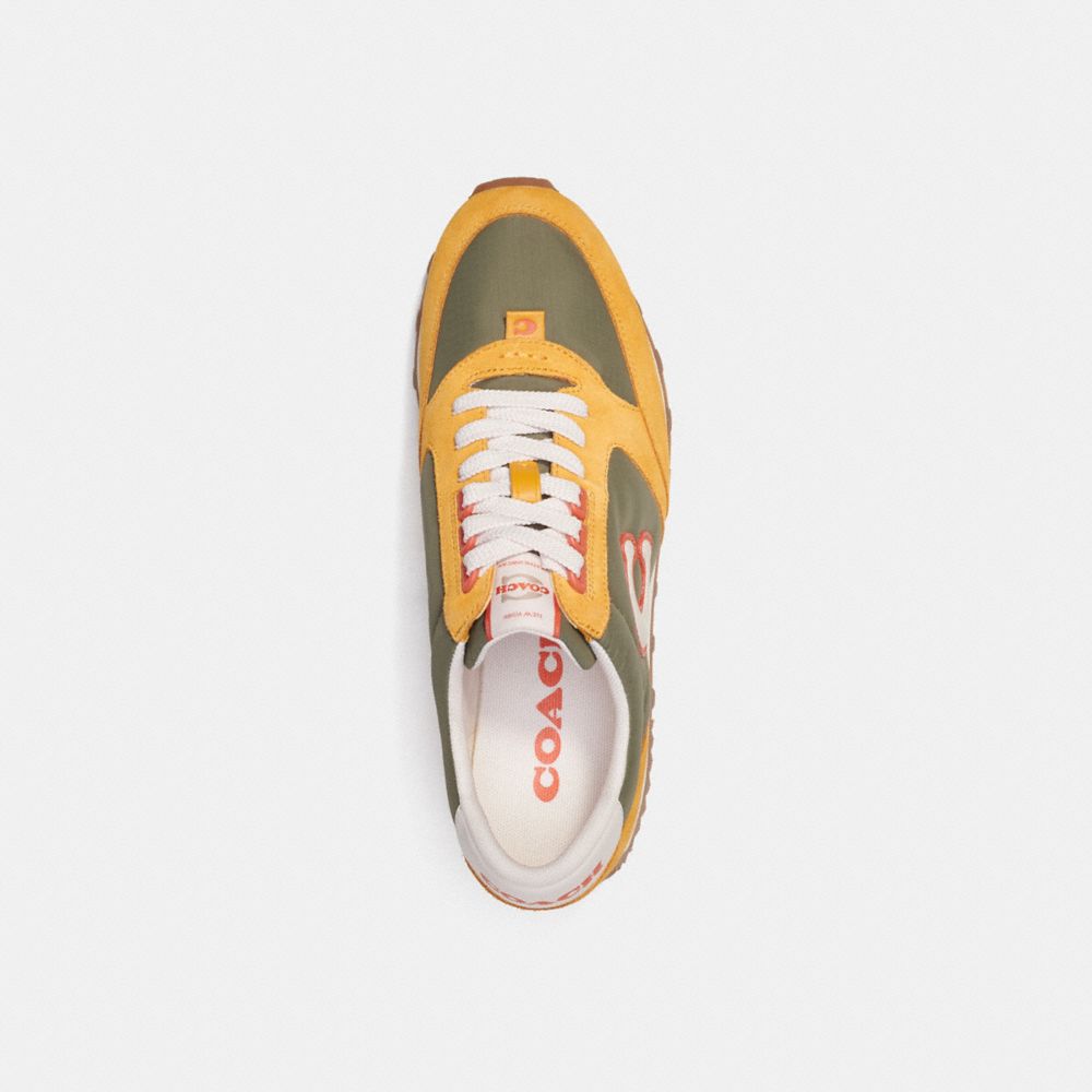 COACH®,RUNNER SNEAKER,Leather/Suede,Army Green/Buttercup,Inside View,Top View