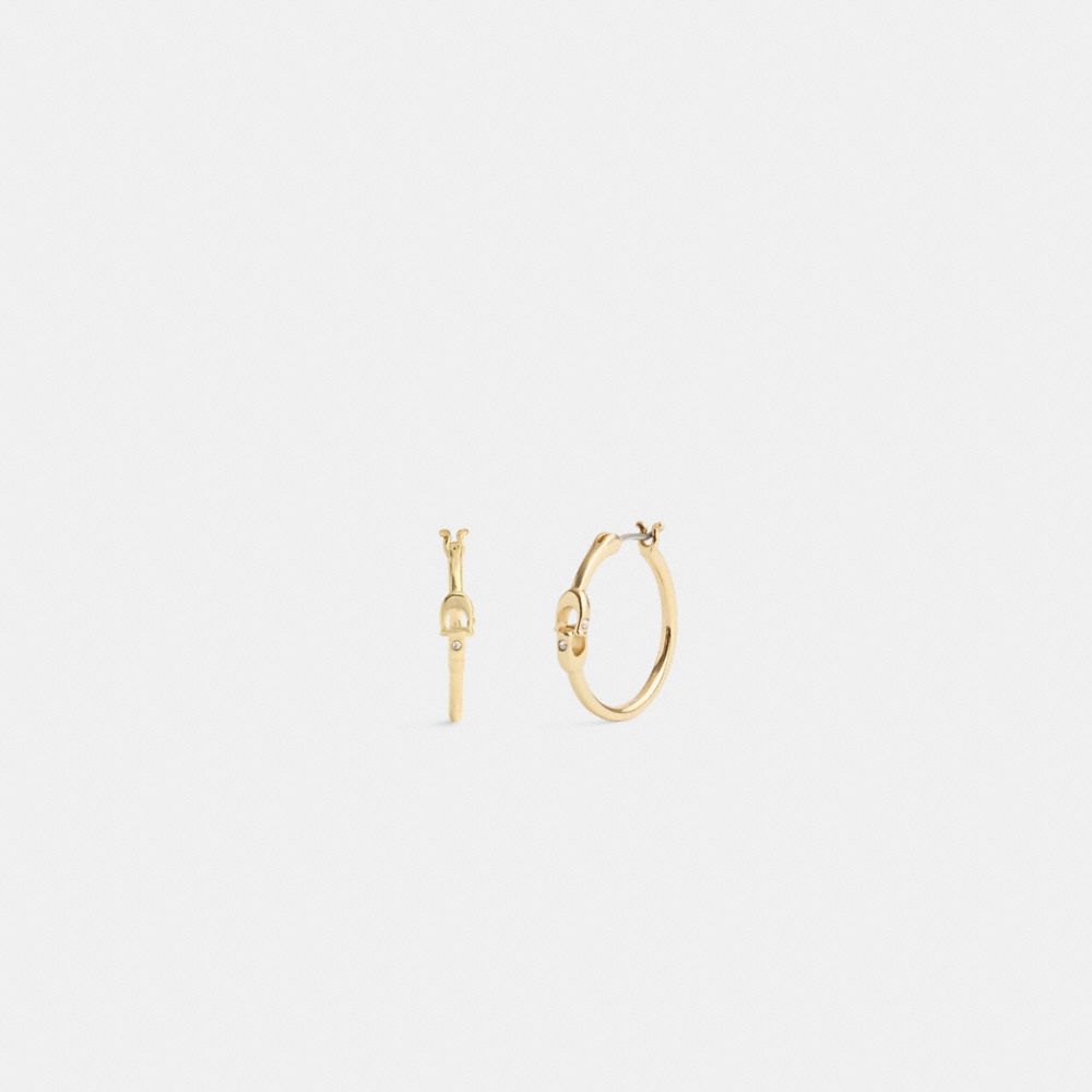 COACH®,INTERLOCKING SIGNATURE SMALL HOOP EARRINGS,Brass,Gold,Front View