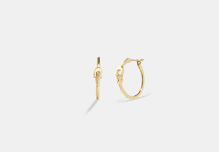 COACH®,INTERLOCKING SIGNATURE SMALL HOOP EARRINGS,Brass,Gold,Front View