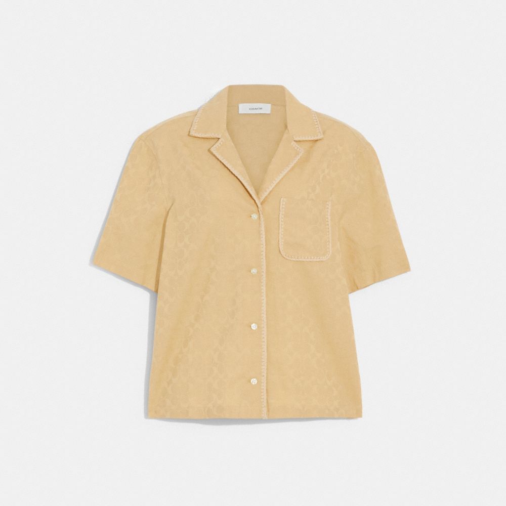 COACH®,SIGNATURE JACQUARD CROCHET TRIM SET BUTTON DOWN SHIRT,cotton,Tan Signature,Front View image number 0