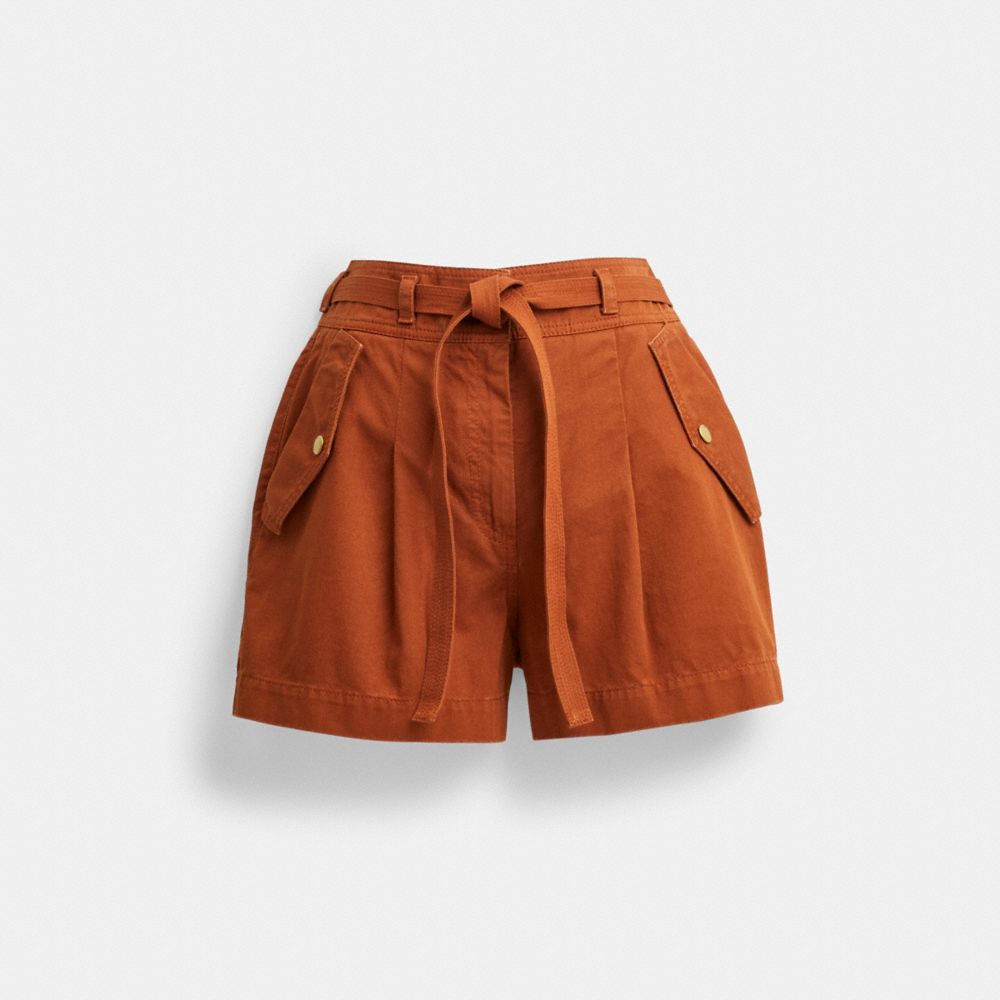 COACH®,Garment Dyed Shorts,Cotton,Straight,Pleats,Tie Belt,Casual,Brown,Front View