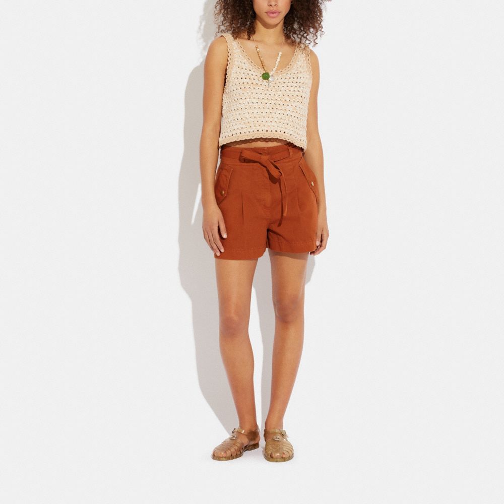 COACH®,Garment Dyed Shorts,Cotton,Straight,Pleats,Tie Belt,Casual,Brown,Scale View