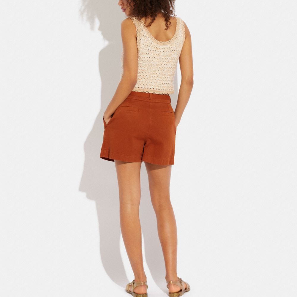 COACH®,Garment Dyed Shorts,Cotton,Straight,Pleats,Tie Belt,Casual,Brown,Scale View