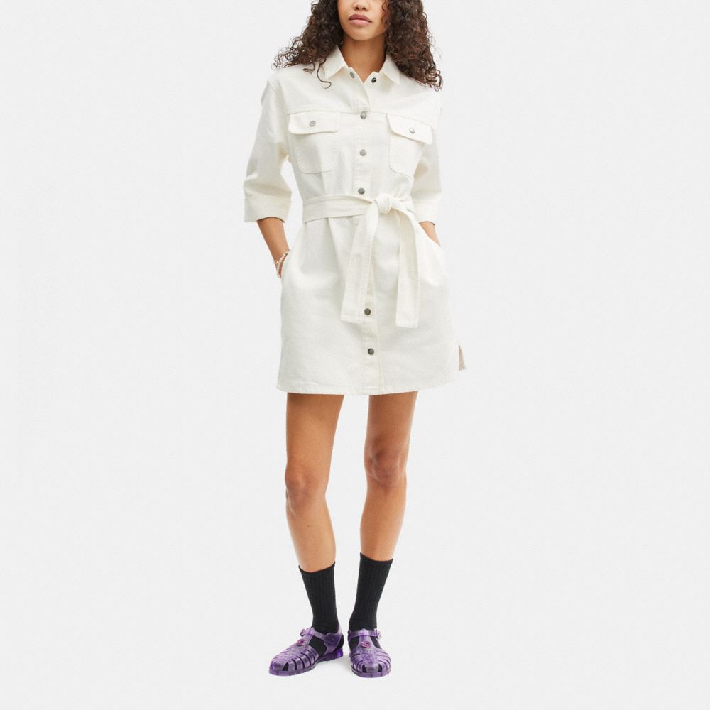 COACH®,Denim Short Sleeve Dress,Cotton,Denim,Shirt Dress,Tie Belt,Casual,Cream,Scale View