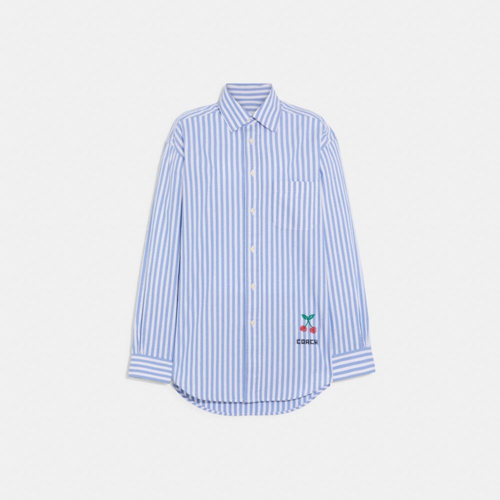 COACH®,STRIPED BUTTON DOWN SHIRT,cotton,Blue Multi,Front View image number 0