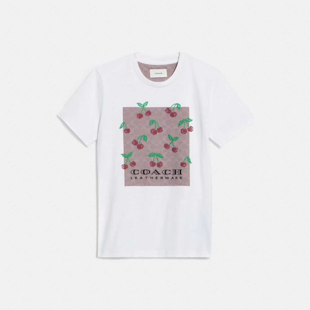 COACH®,SIGNATURE SQUARE CROSS STITCH CHERRIES T-SHIRT,White/Light Purple Multi,Front View