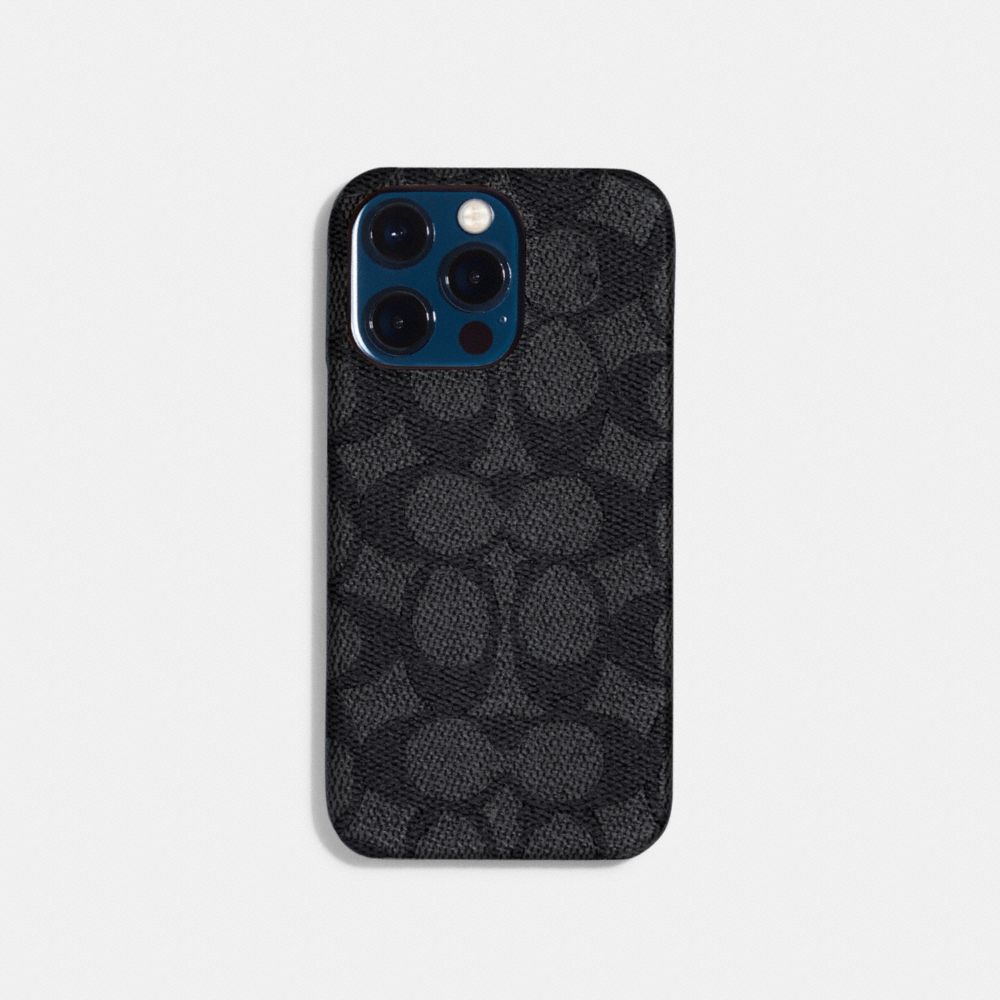 COACH®,IPHONE 14 PRO CASE IN SIGNATURE CANVAS,Signature Coated Canvas,Charcoal,Front View image number 0