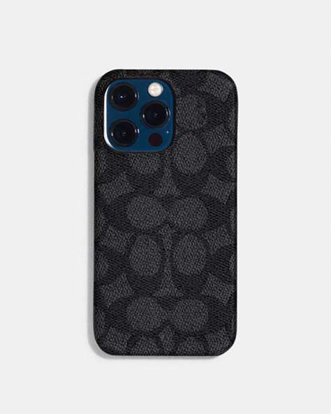 COACH®,IPHONE 14 PRO CASE IN SIGNATURE CANVAS,Signature Coated Canvas,Charcoal,Front View