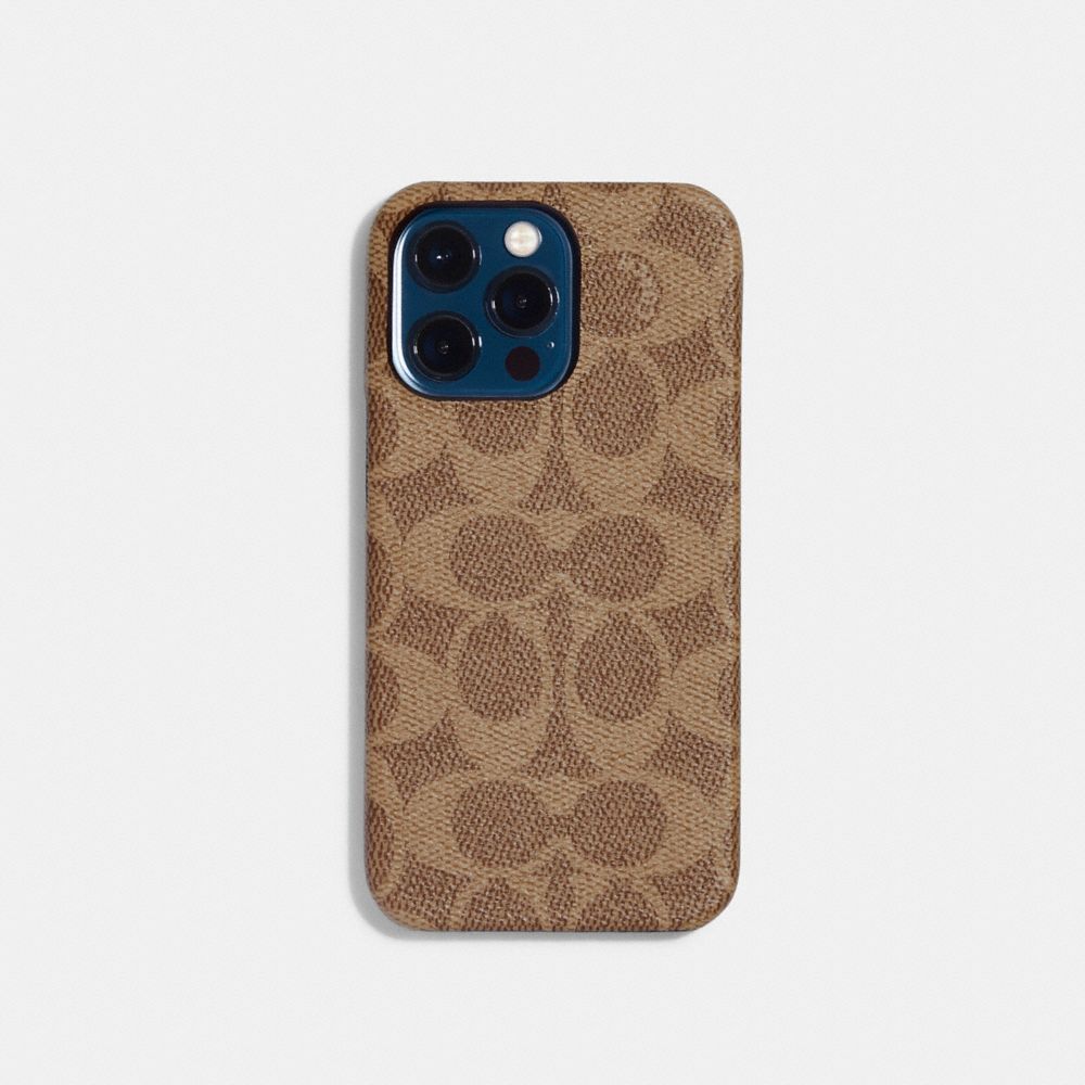 COACH®,IPHONE 14 PRO CASE IN SIGNATURE CANVAS,Signature Coated Canvas,Tan,Front View