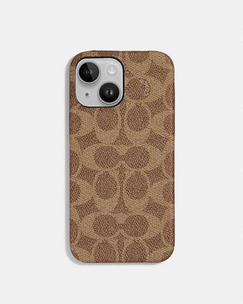 COACH®,IPHONE 14 CASE IN SIGNATURE CANVAS,Signature Coated Canvas,Tan,Front View