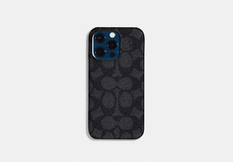 COACH®,IPHONE 14 PRO MAX CASE IN SIGNATURE CANVAS,Signature Coated Canvas,Charcoal,Front View image number 0