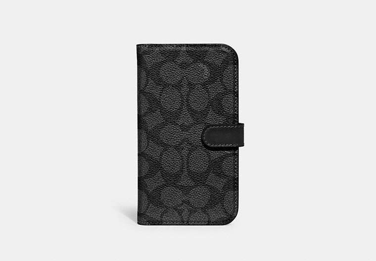 COACH®,IPHONE 14 FOLIO IN SIGNATURE CANVAS,Signature Coated Canvas,Charcoal,Front View