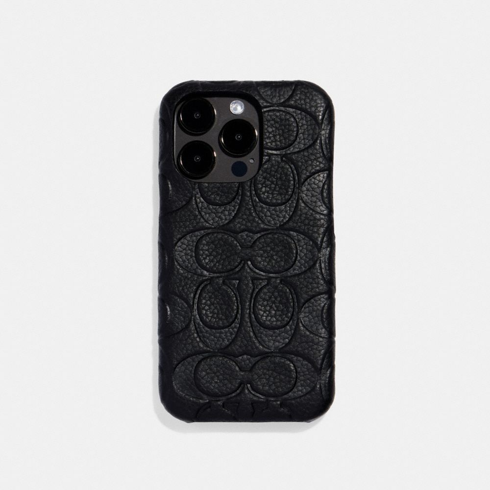 COACH®,IPHONE 14 PRO CASE IN SIGNATURE LEATHER,Black,Front View image number 0