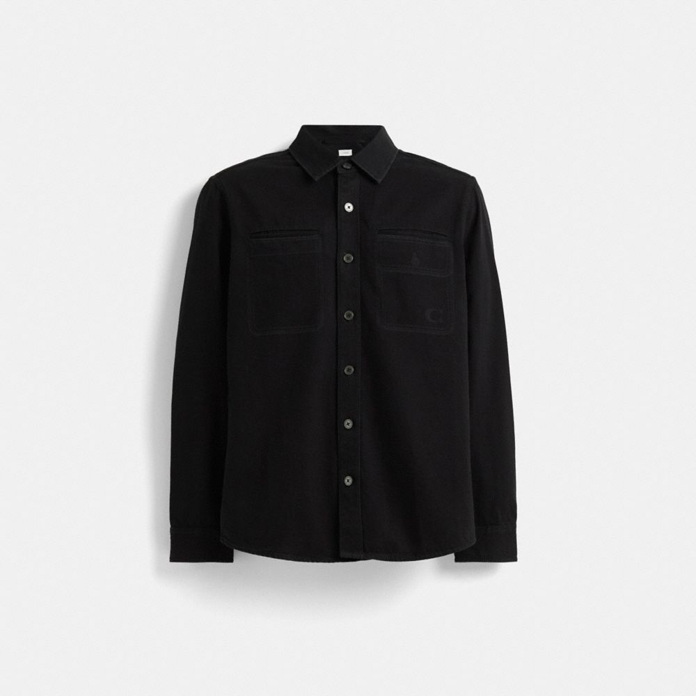 COACH®,RESTORED TROMPE L'OEIL DENIM SHIRT,cotton,Black Rinse,Front View