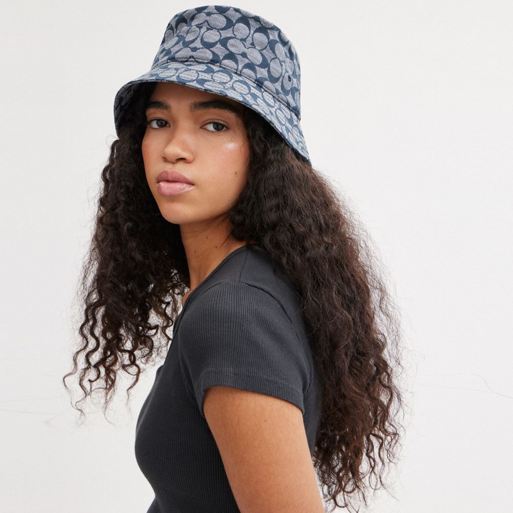 COACH®,Signature Chambray Bucket Hat,Organic Cotton,Lining Cotton,Bucket,Lined,Pool,Gray,Detail View