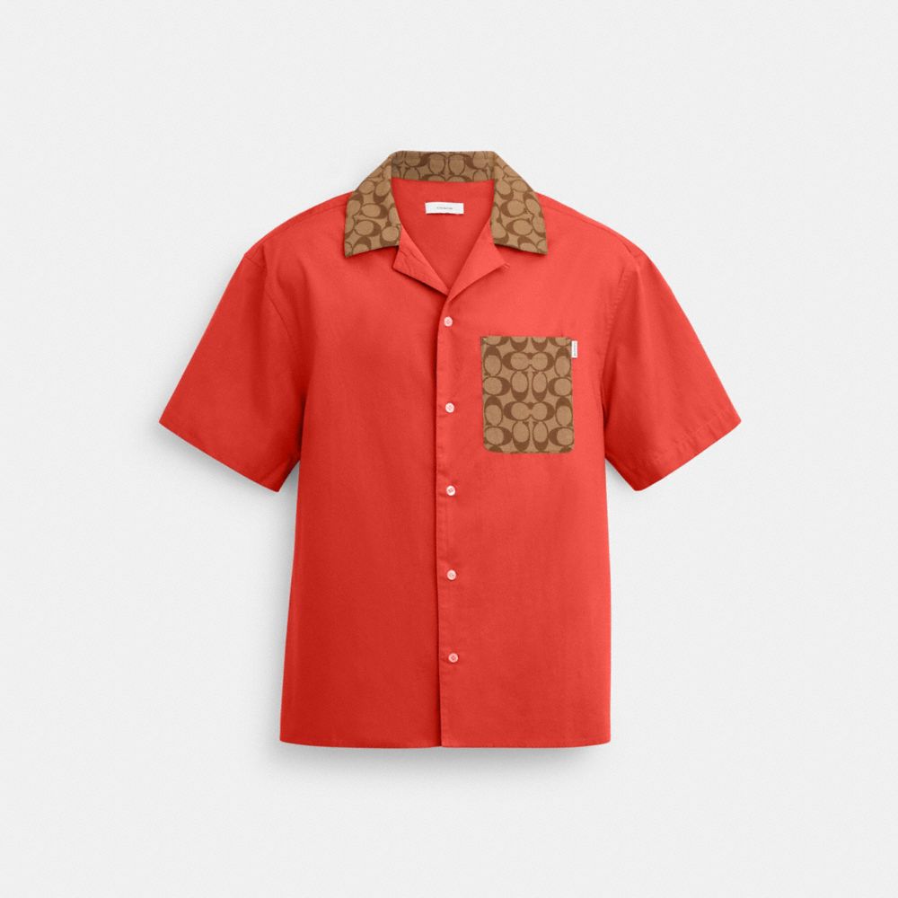 COACH®,SIGNATURE COLORBLOCK CAMP SHIRT,Khaki/Red Multi,Front View