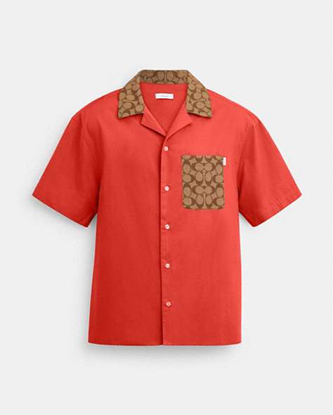 COACH®,SIGNATURE COLORBLOCK CAMP SHIRT,Khaki/Red Multi,Front View