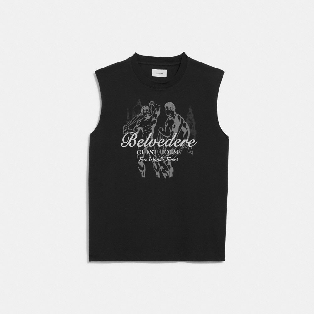 COACH®,TANK TOP WITH BELVEDERE GUEST HOUSE GRAPHIC,cotton,Washed Black,Front View