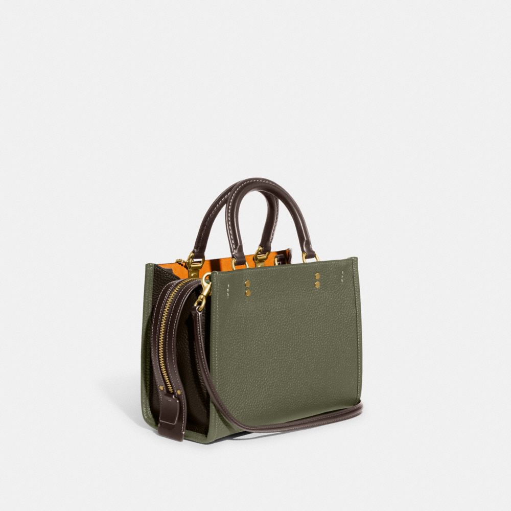 COACH®,ROGUE BAG 25 IN REGENERATIVE LEATHER,Glovetanned Leather,Medium,Brass/Army Green Multi,Angle View