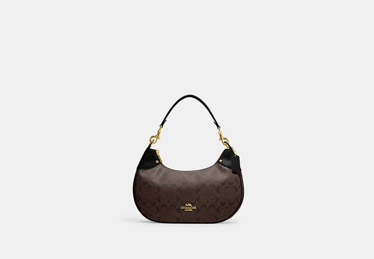 COACH®,MARA HOBO IN SIGNATURE CANVAS,pvc,Medium,Gold/Brown Black,Front View image number 0