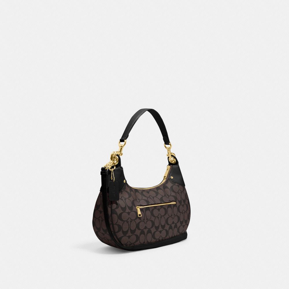 COACH®,HOBO MARA EN TOILE SIGNATURE,Or/Brun noir,Angle View