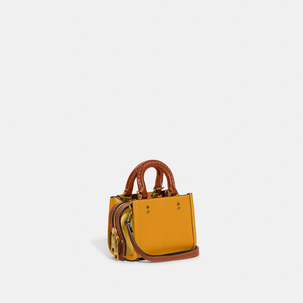 COACH®,ROGUE BAG 12 IN COLORBLOCK REGENERATIVE LEATHER,Pebble Leather,Mini,Brass/Buttercup Multi,Angle View