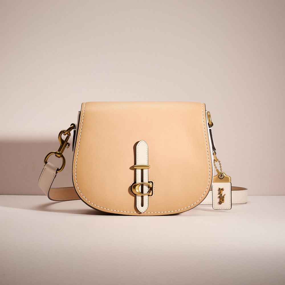 COACH®,RESTORED SADDLE IN COLORBLOCK,Polished Pebble Leather,Large,Brass/Beechwood Multi,Front View