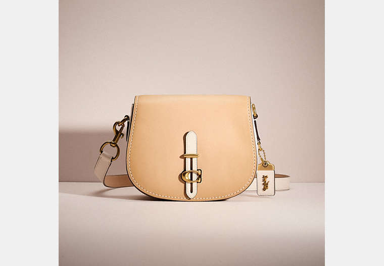 COACH®,RESTORED SADDLE IN COLORBLOCK,Polished Pebble Leather,Large,Brass/Beechwood Multi,Front View