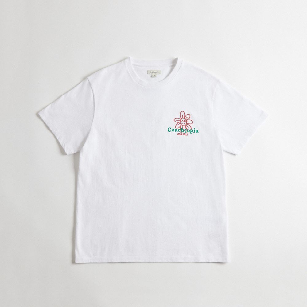COACH®,Relaxed T-Shirt in 97% Recycled Cotton: Flower Watcher,95% recycled cotton,White,Front View