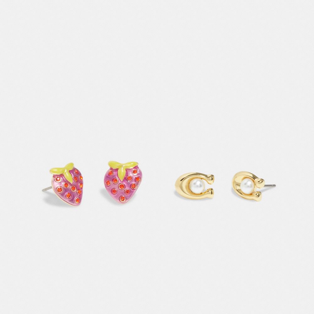 COACH®,STRAWBERRY SIGNATURE STUD EARRINGS SET,Gold/Red,Front View