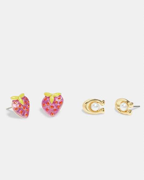 COACH®,STRAWBERRY SIGNATURE STUD EARRINGS SET,Gold/Red,Front View