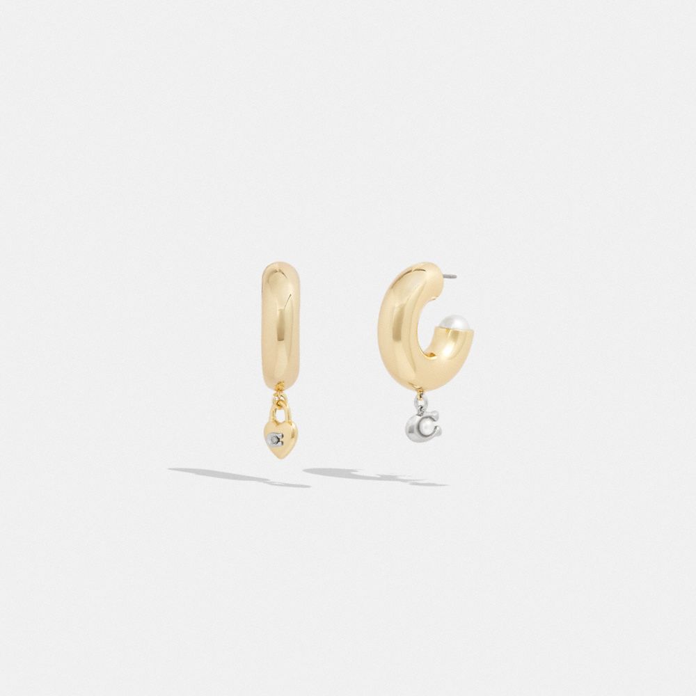 COACH®,SIGNATURE HEART CHUBBY HOOP EARRINGS,Gold,Front View