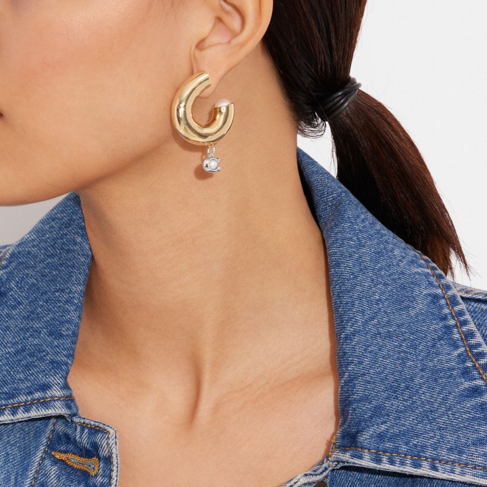 COACH®,SIGNATURE HEART CHUBBY HOOP EARRINGS,Gold,Detail View