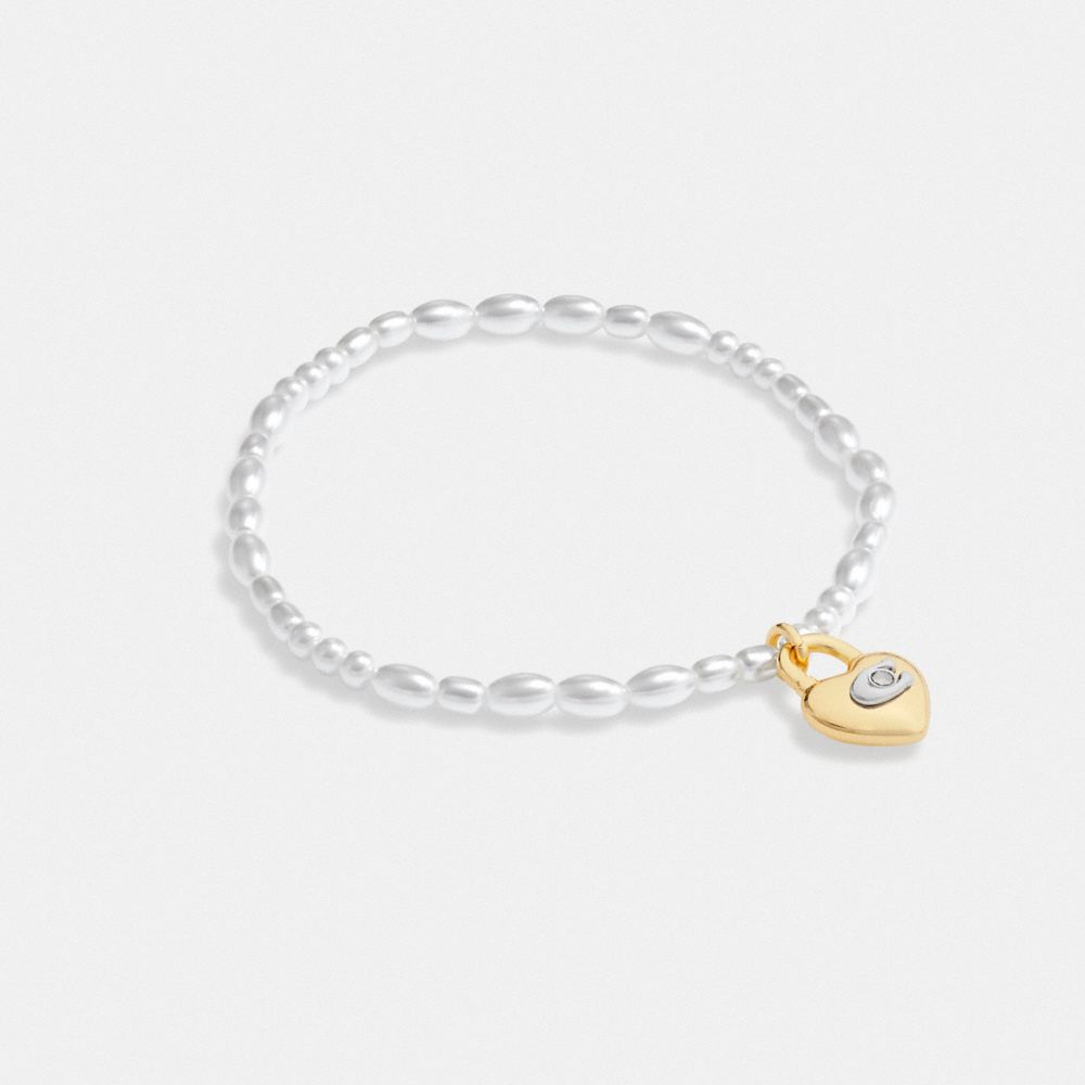 COACH®,HEART LOCK STRETCH BRACELET,Gold/Pearl,Front View